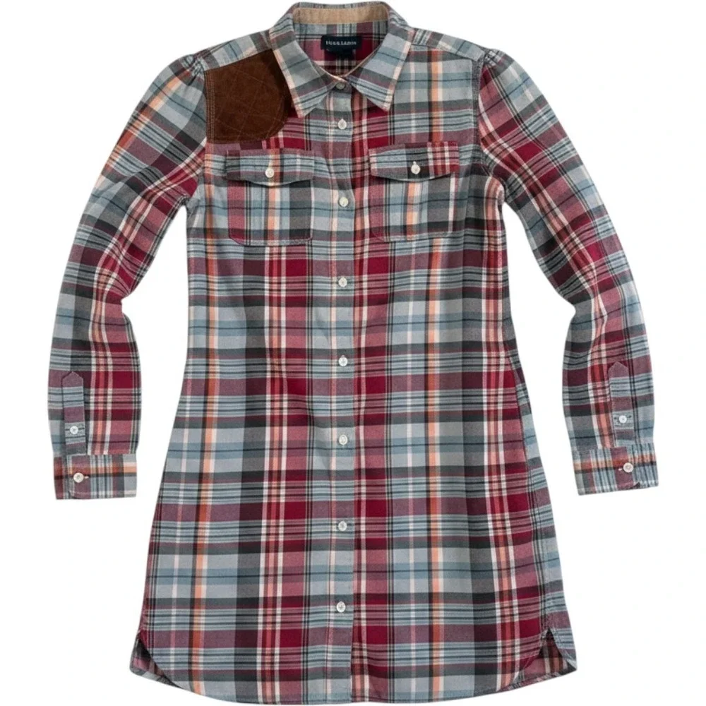 Plaid Button-Front Shirt Dress in Red and Gray